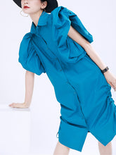 Puff Sleeve Loose Pleated Lapel Casual Dress
